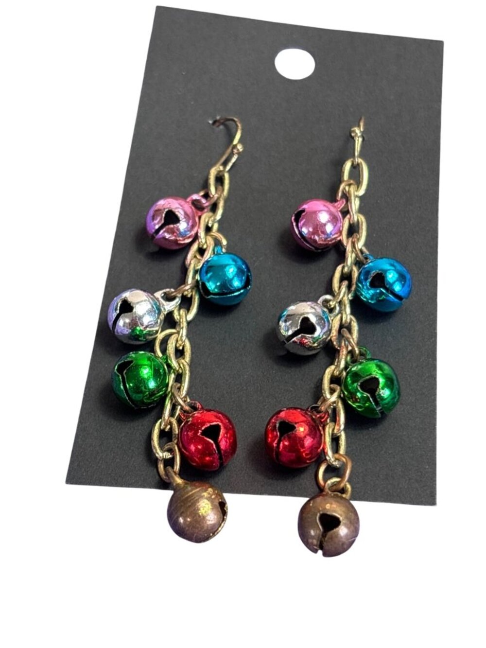 Colorful Jingle Bells Dangle Earrings Goldtone Chain Christmas Holiday 2.5 inch